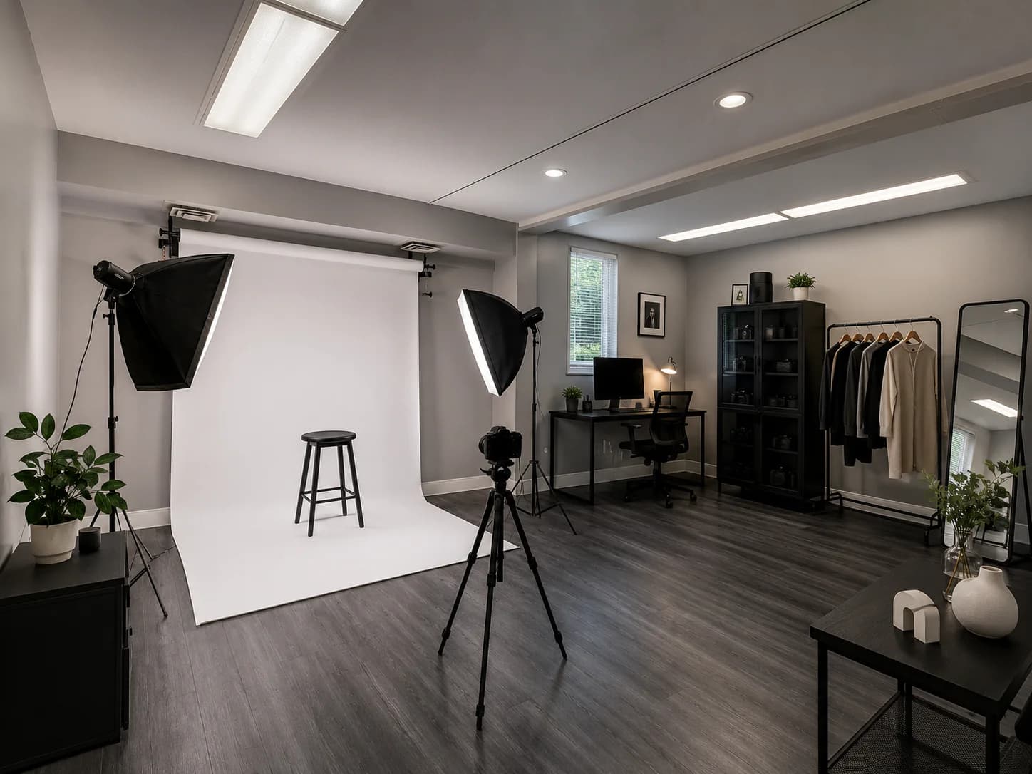 Conceptual rendering of a compact photography studio with backdrop, lights, camera, and editing desk