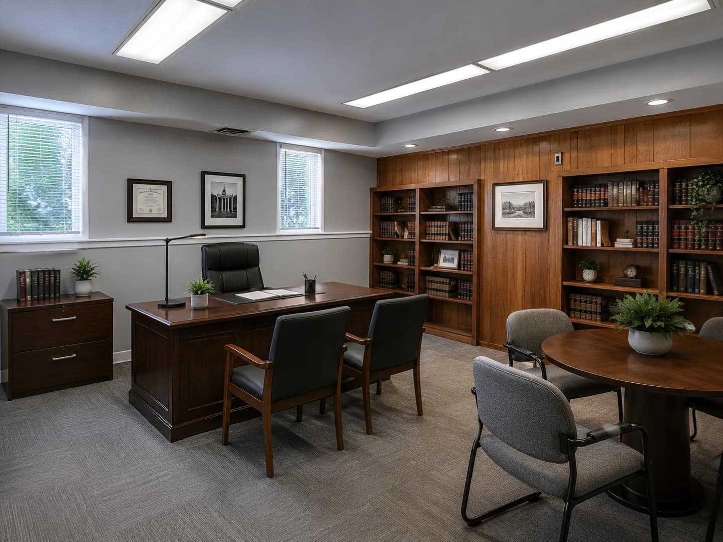 Conceptual rendering of a professional office with an executive desk, client seating, and bookcases