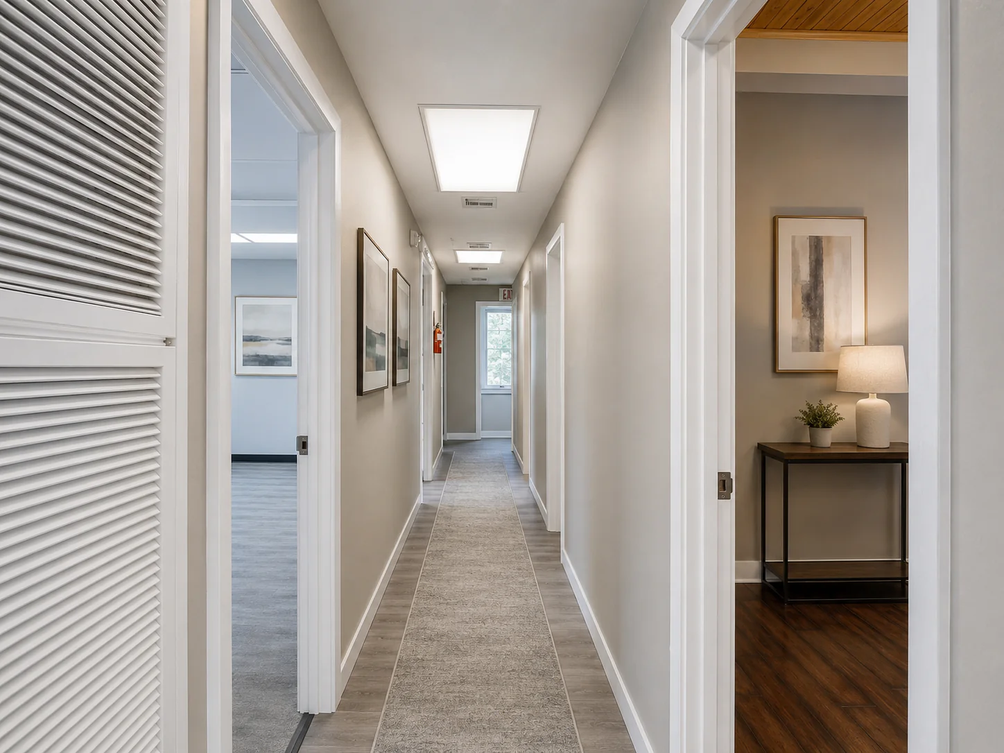 Conceptual staging of a shared hallway between private office suites