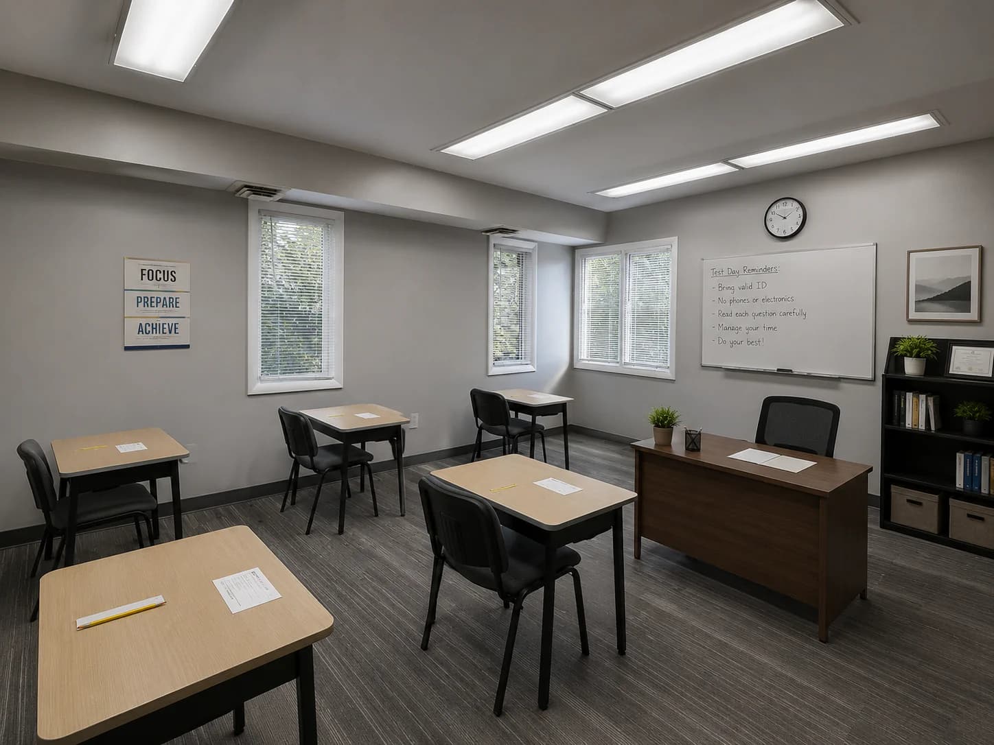 Conceptual rendering of a tutoring and testing suite with individual desks and an instructor station
