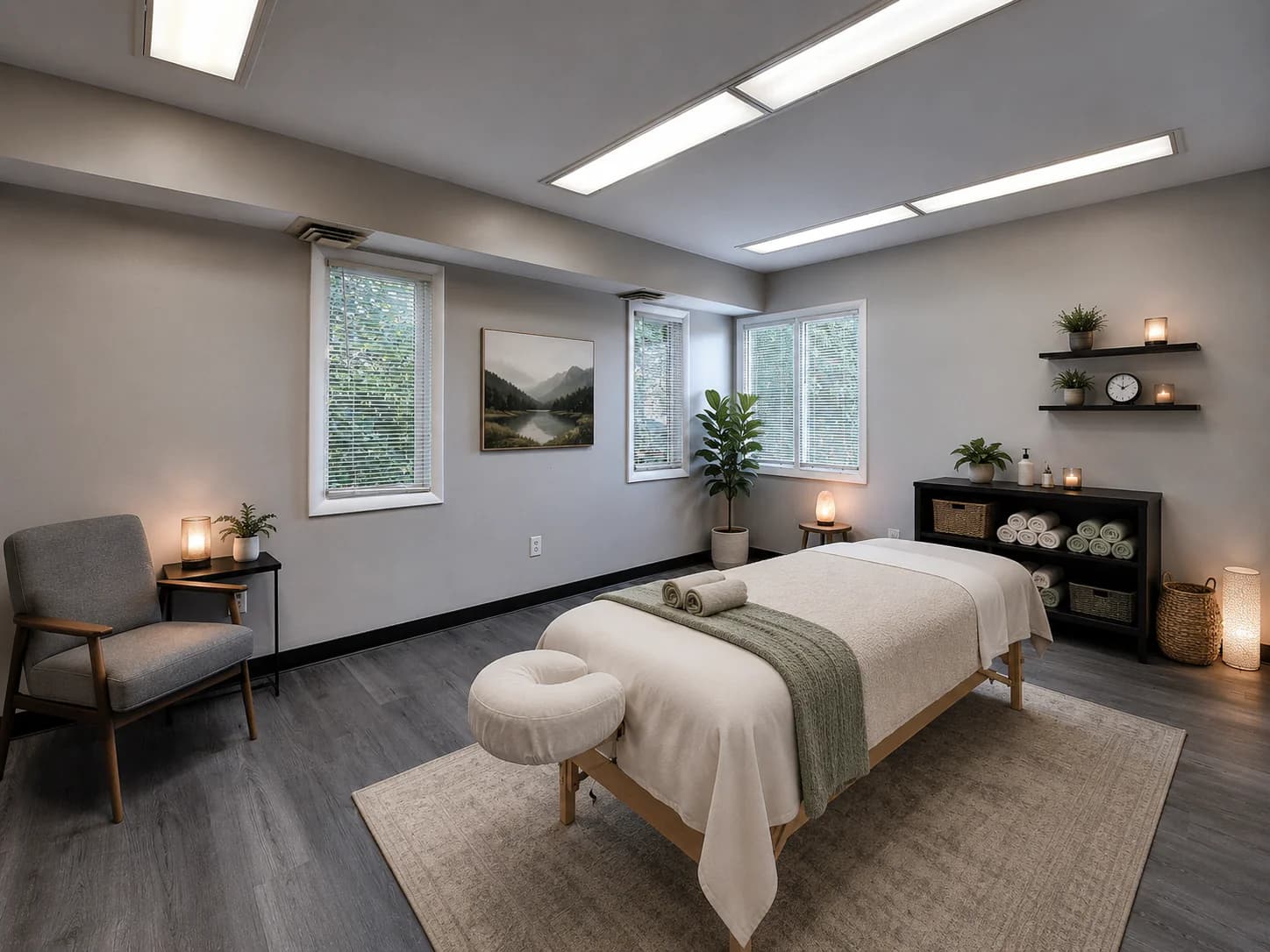 Conceptual rendering of a wellness suite with a treatment table and calm neutral furnishings