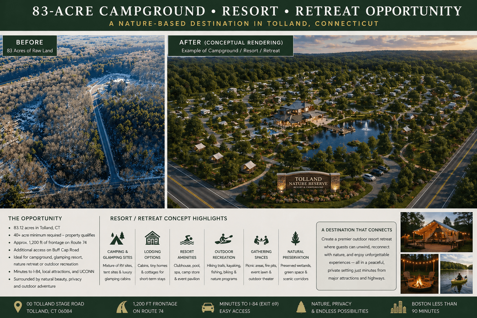 Conceptual rendering of a resort or campground on the Tolland Stage Road parcel