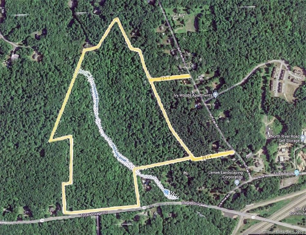 Annotated parcel boundary map of the 83-acre Tolland Stage Road property